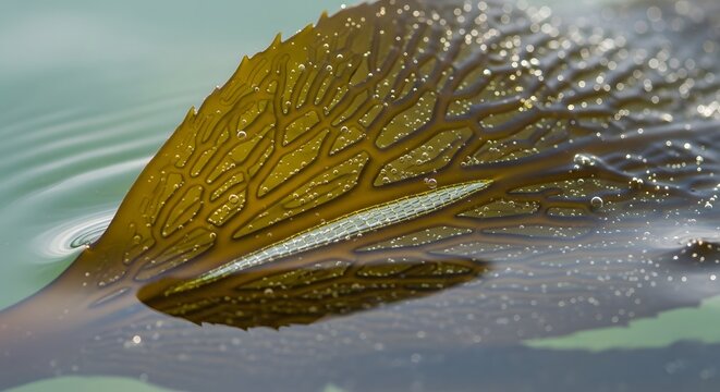 Close up of vibrant green kelp frond floating on the water's surface, revealing intricate patterns and textures