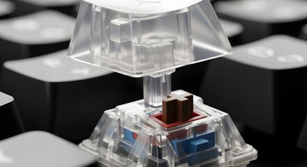 Close-up of a mechanical keyboard switch with a transparent housing showcasing internal components and stem