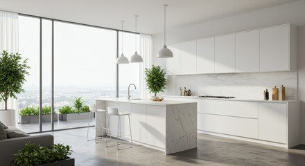 Bright Modern Kitchen with Island and Large Windows Overlooking Balcony.