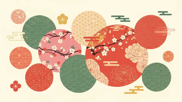 Vibrant circular patterns and floral motifs in red and green hues on a soft beige background