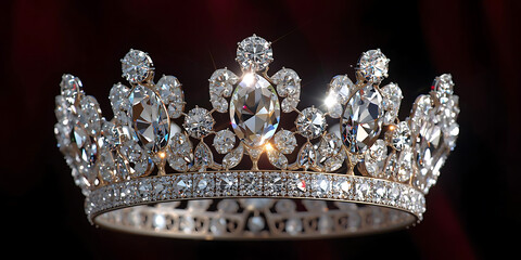 Glittering Diamond Tiara with Floral Design on Dark Red Background