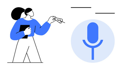 Podcasting, audio streaming, digital communication, media production, speaking events, online content creation. A woman holding glasses with a clipboard and microphone icon. Podcasting