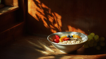 A simple, wholesome breakfast on a sunlit wooden table with a beam of light illuminating a bowl of oats and fruit.
