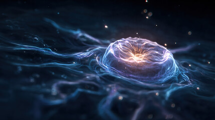 A single, glowing primordial cell dividing rapidly in a dark aquatic environment with vibrant energy trails.
