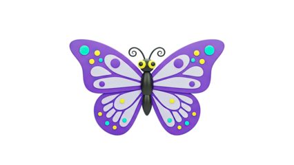 3D Cute 3D Purple Butterfly with Colorful Dots on transparent background