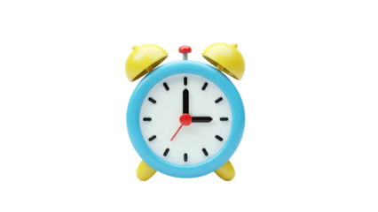 3D Cute Blue Alarm Clock with Yellow Accents on transparent background