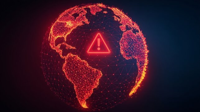 illustration of a cracked digital globe surrounded by scam alerts, symbolizing damage caused by transnational scam activities scammers, global fraud, transnational crime, digital globe, scam 