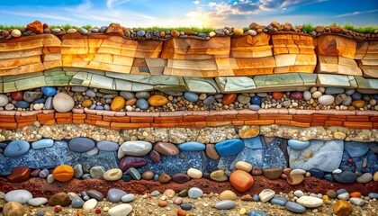 Colorful geological rock layers illustration showing detailed stratified stones, pebbles, and sediment deposits beneath the earth surface. Ideal for geology, earth science, and education