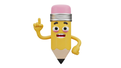 3D Funny Cartoon Pencil Character Pointing Up on transparent background