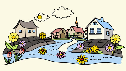 Scenic village by a river