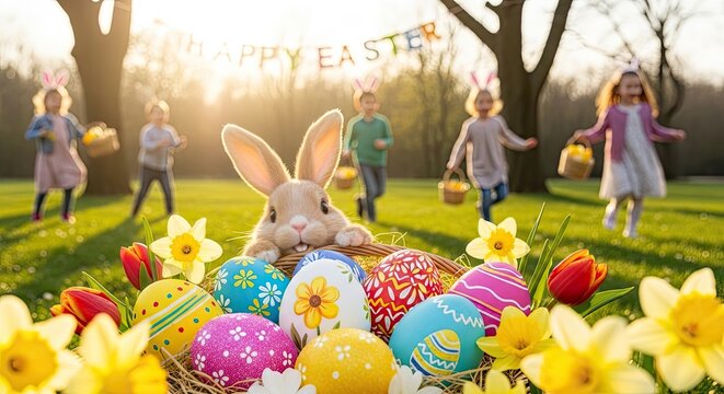Children running in a park with Easter eggs and a bunny.