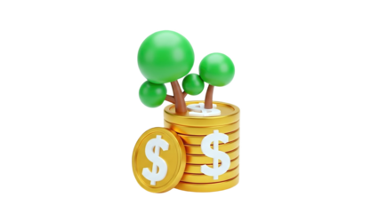 3D Money tree growing from stack of gold coins with dollar signs on transparent background
