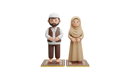 3D Muslim Couple Standing on Prayer Mats on transparent background