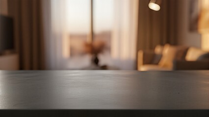 Dark Neutral Countertop with Soft Evening Interior Blur