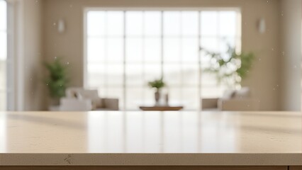 Neutral Countertop with Soft Window Light and Blurred Interior Background