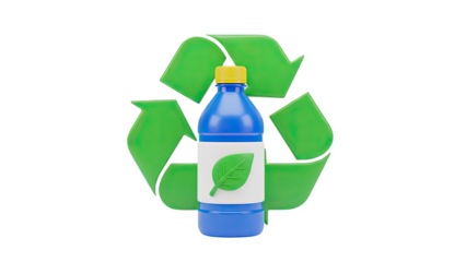3D Recycling symbol with a blue bottle and leaf icon on transparent background