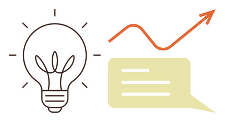 Lightbulb for creativity, speech bubble for communication, upward arrow line for growth. Ideal for innovation, strategy, teamwork, success, leadership progress productivity. Simple flat metaphor © robu_s
