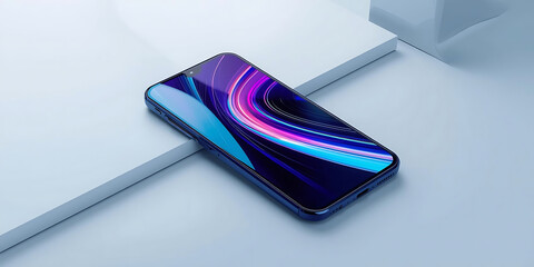 Sleek smartphone with vibrant colorful swirl display resting on minimalist blue and white surfaces