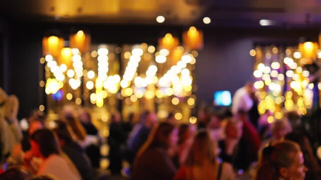Party ambiance with glowing lights, Event illuminated by twinkling fairy lights and joyful chatter
