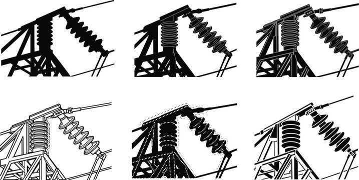 High voltage transmission tower insulator vector illustration set, detailed industrial electrical grid equipment for energy distribution and utility powerline infrastructure design