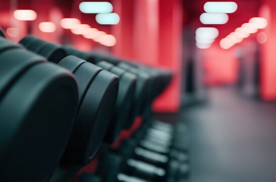 Dumbbells standing in a row on a rack inside a modern fitness gym with a blurred red background and copy space