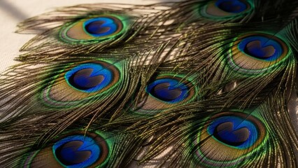 Fototapeta premium close-up of vibrant peacock feathers displaying iridescent eye patterns and shimmering colors in a