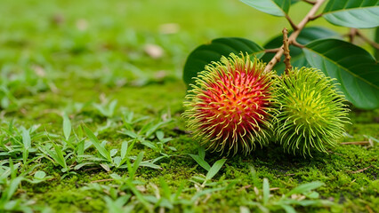 Wild strawberry plant with red and yellow flowers and green leaves