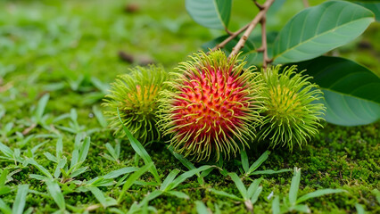 Rambutan fruit on green leaf background