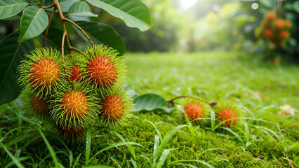 Fototapeta premium Strawberries growing in a garden on grass and tree