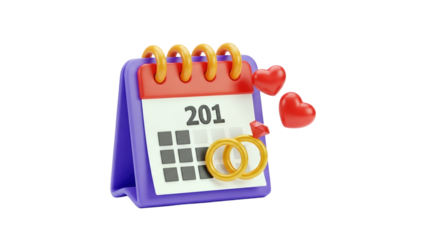 3D Wedding Calendar Icon with Rings and Hearts on transparent background