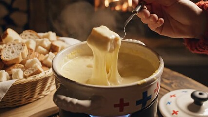 Close up of cheese fondue preparation with bread cubes and a hand holding a fork