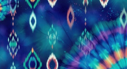Kaleidoscopic dreamscape featuring tie-dye effects and abstract ethnic patterns on vibrant indigo