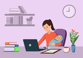 A mom working with laptop and taking care her baby vector illustration 
