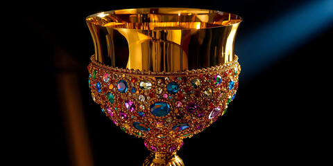 Golden chalice adorned with colorful jewels glowing in dim light with rich luxurious elegance