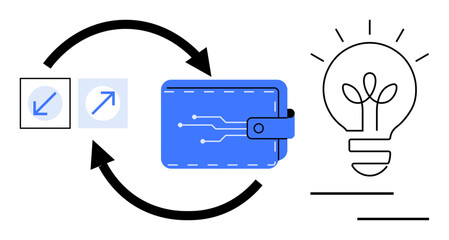 Digital wallet featuring circuit-style design, bidirectional arrows signifying transactions, and illuminated lightbulb. Ideal for fintech, innovation, ideas, transactions, e-payments, resource