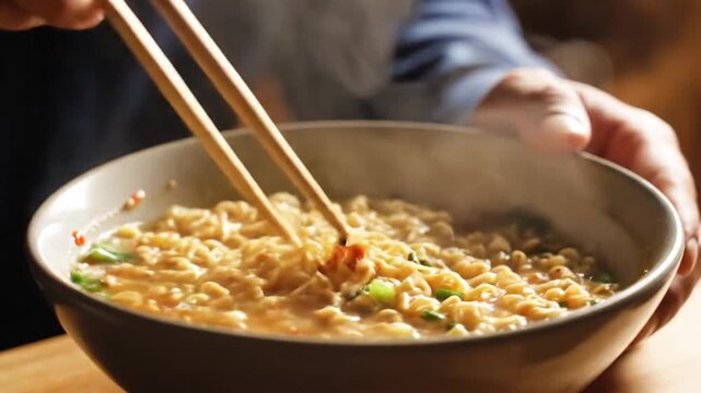 Close up of freshly prepared noodles in a bowl with chopsticks
