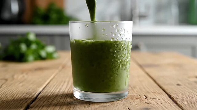 Fresh Green Detox Smoothie Being Poured into Glass on Rustic Wooden Table