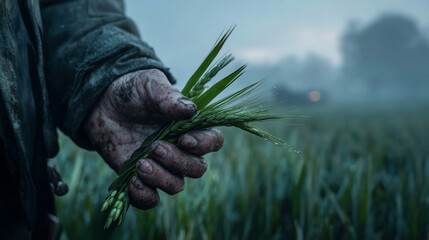 Farmer holding green barley in muddy hand at dawn.