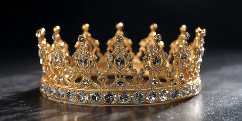 Golden crown with intricate designs and sparkling jewels on dark reflective surface exuding royal elegance