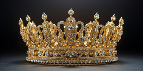 Glittering gold crown adorned with diamonds and intricate designs on dark background exuding opulent elegance