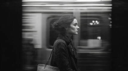 Modern woman standing on subway platform waiting for train, urban commuting scene, realistic black and white portrait, casual outfit, focused expression, metropolitan lifestyle concept