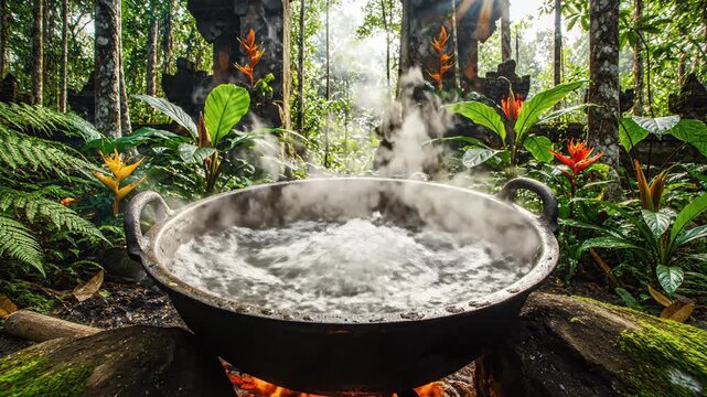 Cooking in a lush jungle setting with steaming pot over open flame