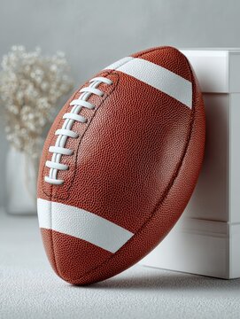American football with white side stripes standing upright on clean white background leaning against sleek box, professional studio product shot, realistic texture, minimalistic composition