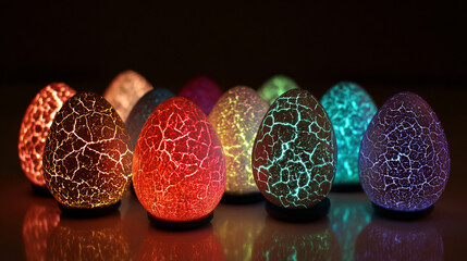 Colorful glowing cracked glass eggs in dark ambient light.
