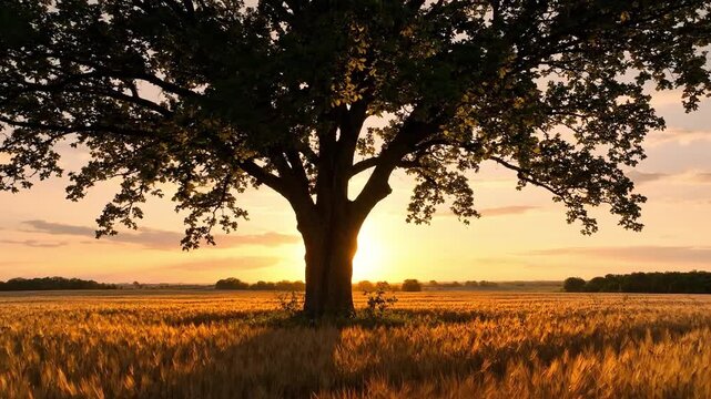 Golden hour sunlight streams through the leaves of a large oak tree in a field of wheat