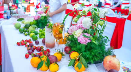 Colorful fruits are arranged on the table at a healthy drink party for the whole family on the weekend.