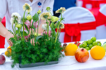 Colorful fruits are arranged on the table at a healthy drink party for the whole family on the weekend.