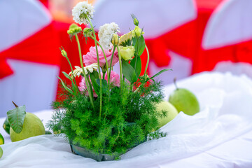 Colorful fruits are arranged on the table at a healthy drink party for the whole family on the weekend.