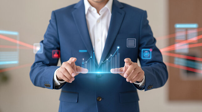 Businessman holding virtual digital interface with charts and graphs - Powered by Adobe