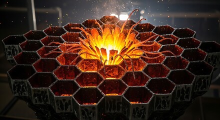 Abstract honeycomb sculpture illuminated with fiery core and dramatic lighting